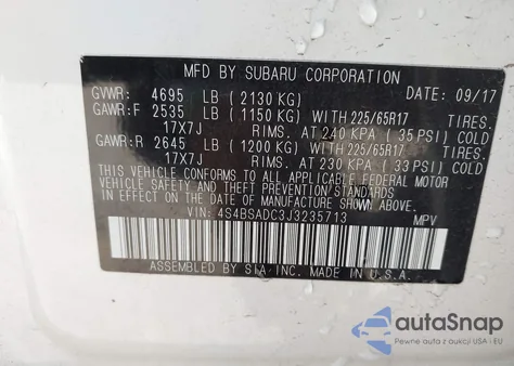 2018 Subaru Outback 2.5I Premium из США, поврежденный, VIN 4S4BSADC3J3235713